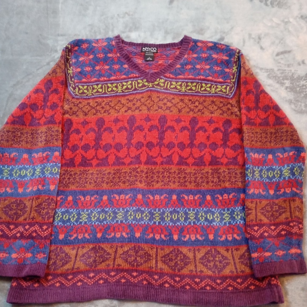 Vintage 90s‎ Ny & Co Chenille Sweater Womens L Mixed Print Fuzzy Knit Pullover